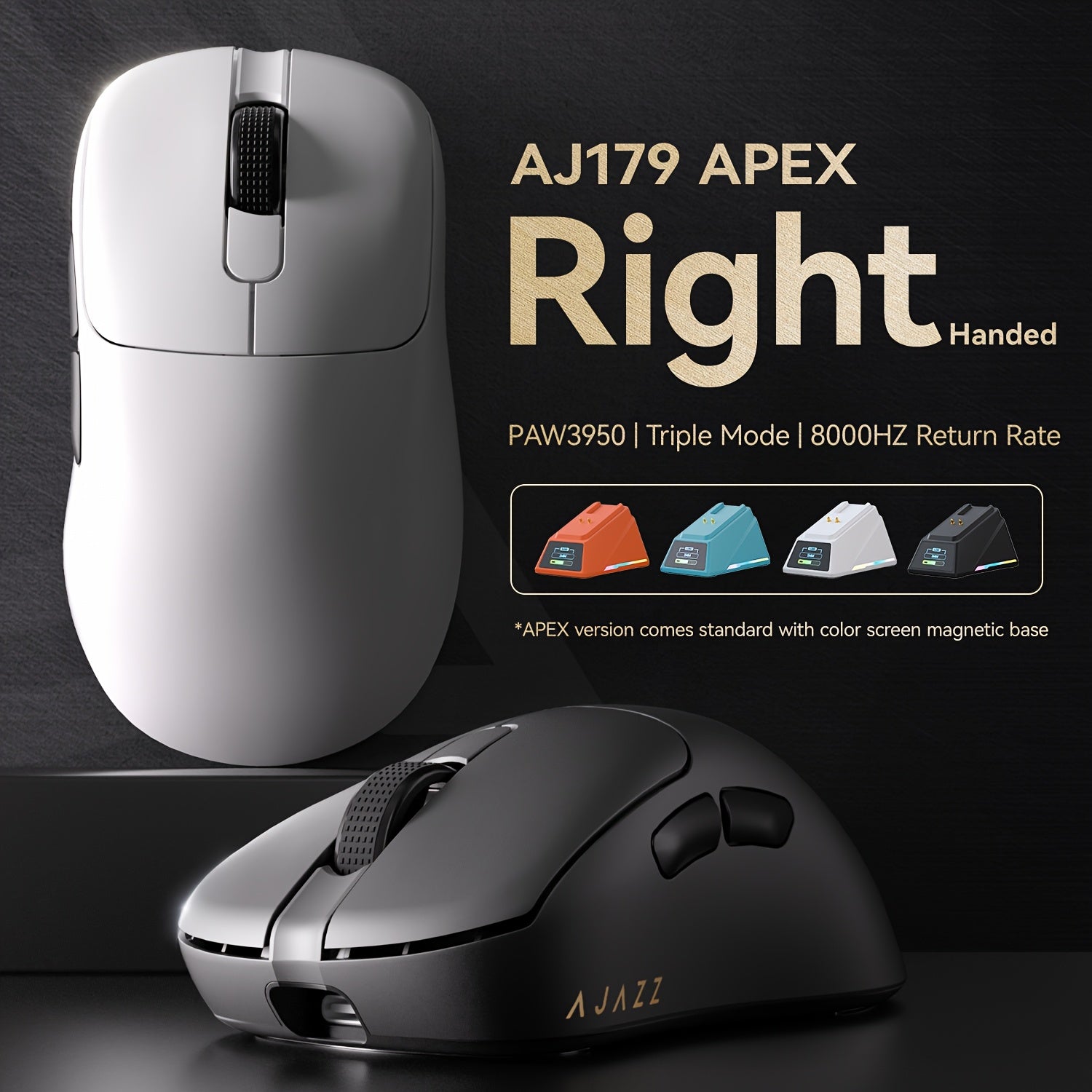 AJ179 Wireless Gaming Mouse Three Modes 8k E-sports Right-Handed Lightweight Color Screen Charging Dock PAW3395