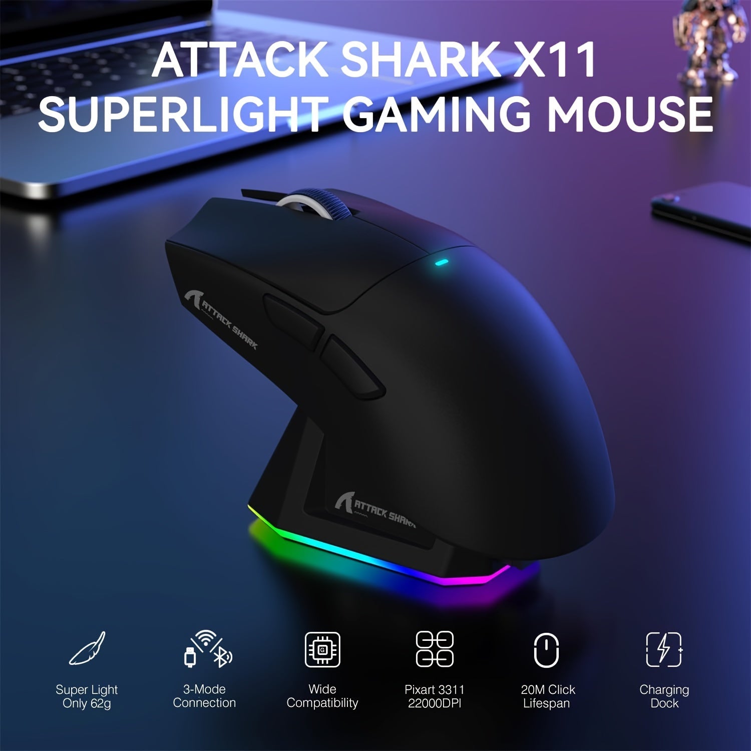 ATTACK SHARK X11 Lightweight Wireless Gaming Mouse with RGB Charging Base, Three Modes-2.4G/USB-C Wired/Wireless, 22K DPI, PAW3311 Optical Sensor, HUYU Switch, 5 Programmable Buttons, Suitable for PC/Mac Black