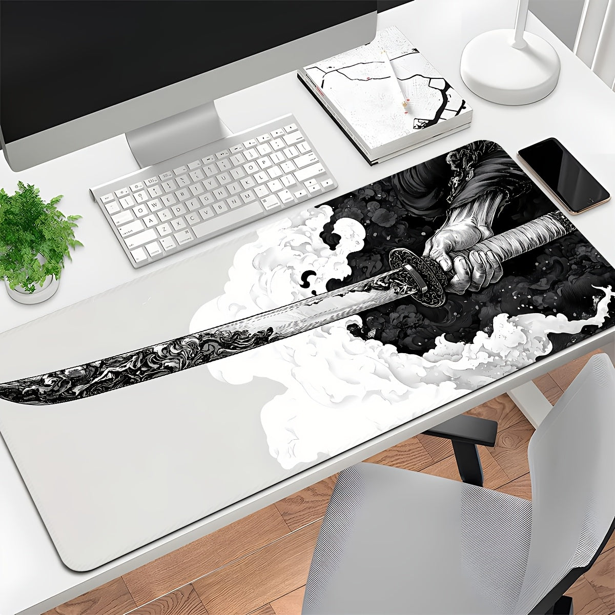 Extra Large Gaming Mouse Pad, Extended Desk Mat, Black and White Sword Design, with Non-Slip Rubber Base, Washable Oblong Office & Gaming Mousepad, with Precision Edging for eSports, Computer & Office Use