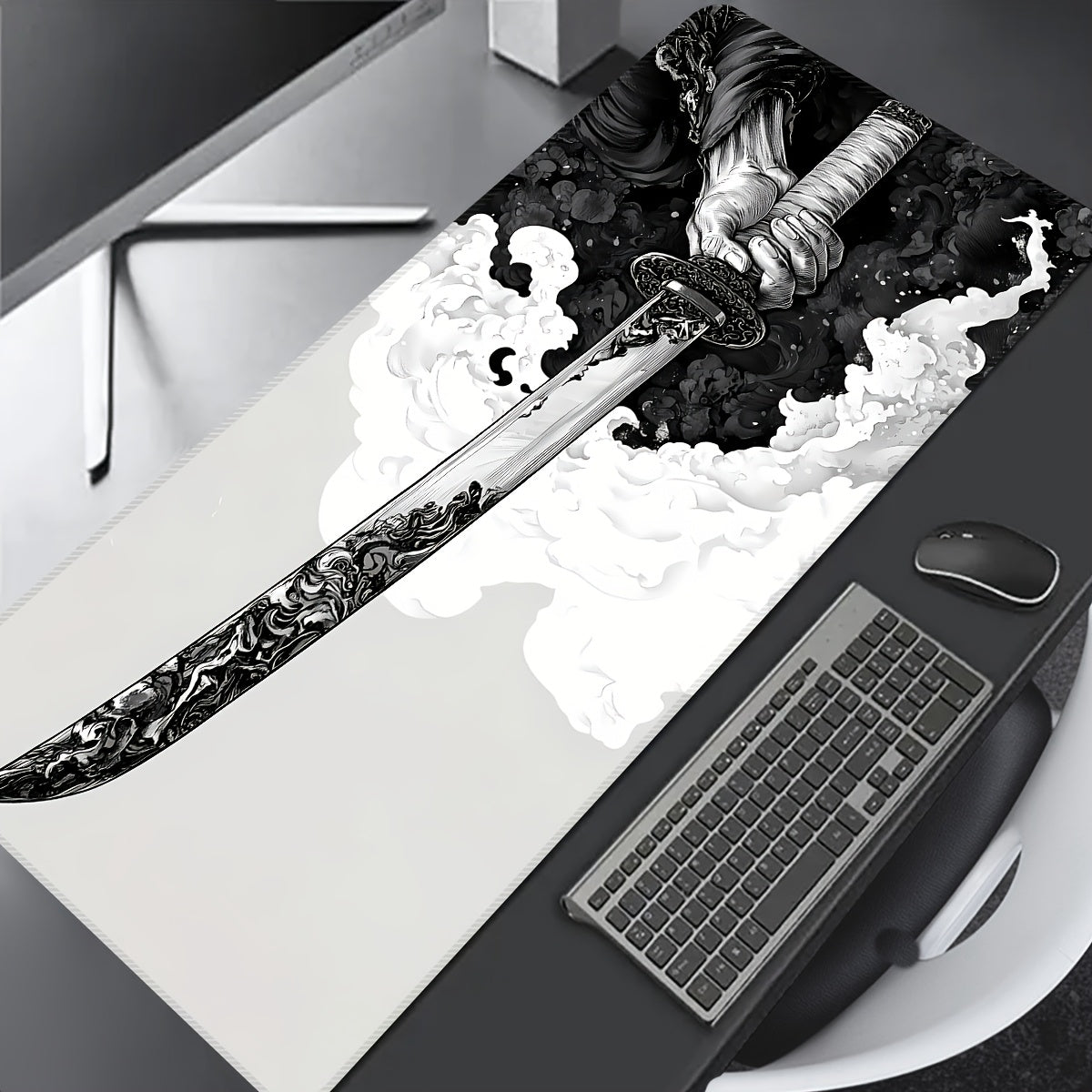 Extra Large Gaming Mouse Pad, Extended Desk Mat, Black and White Sword Design, with Non-Slip Rubber Base, Washable Oblong Office & Gaming Mousepad, with Precision Edging for eSports, Computer & Office Use