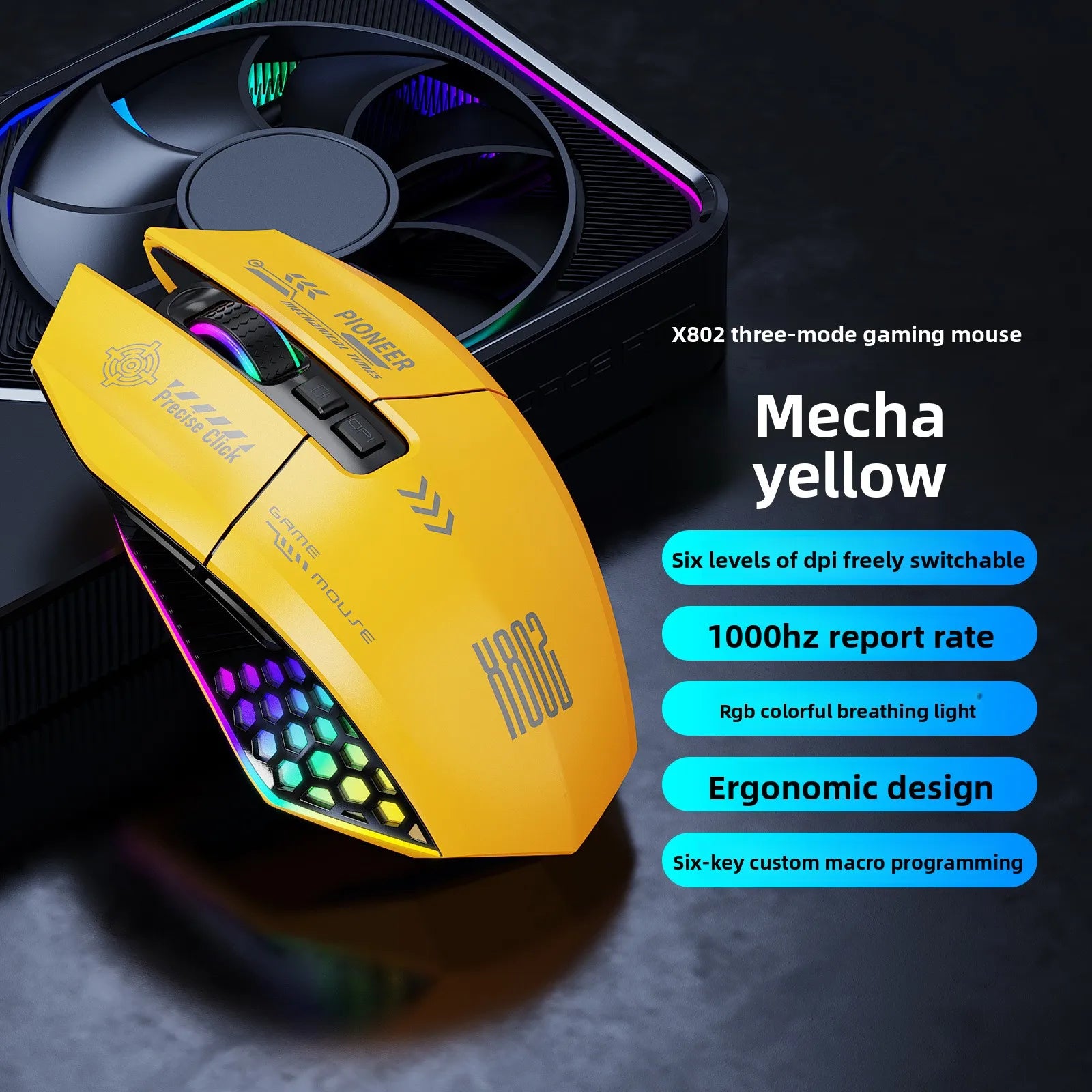 Ergonomic rechargeable gaming mouse with USB 2.4G wireless RGB light, 3 modes controllable anti slip, 7-key macro programming