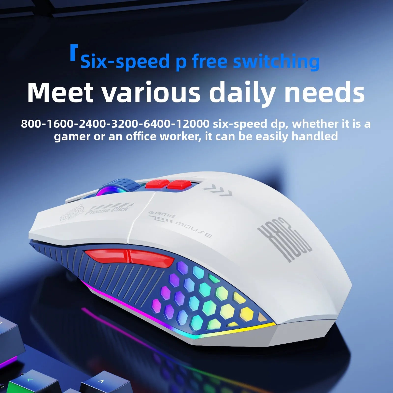 Ergonomic rechargeable gaming mouse with USB 2.4G wireless RGB light, 3 modes controllable anti slip, 7-key macro programming