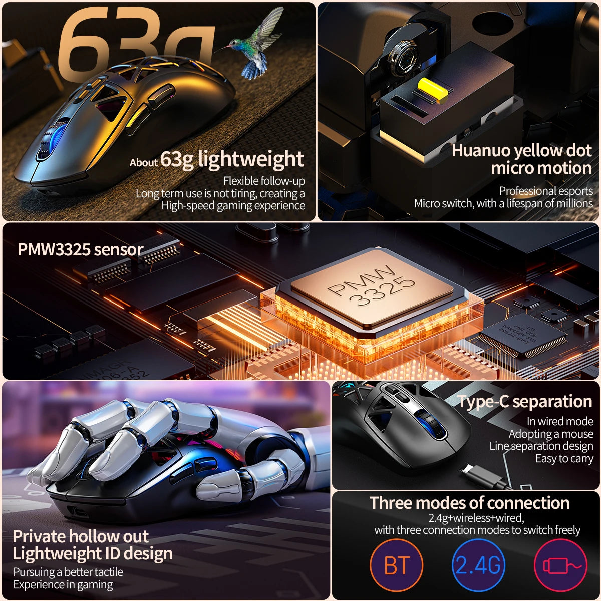 Lightweight Wireless Gaming Mouse with 3 Mode Wired 2.4G BT for Laptop Deskbtop