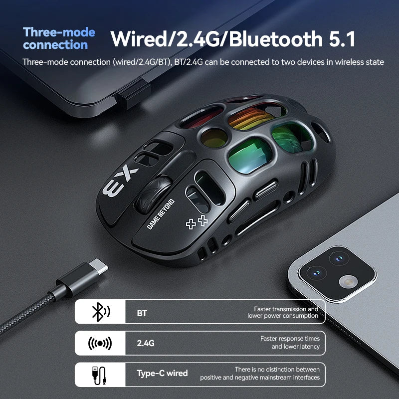 Lightweight RGB backlight 12000DPI Bluetooth/2.4G/wired three mode 1K game mouse Custom macro programming Hollow wireless mouse