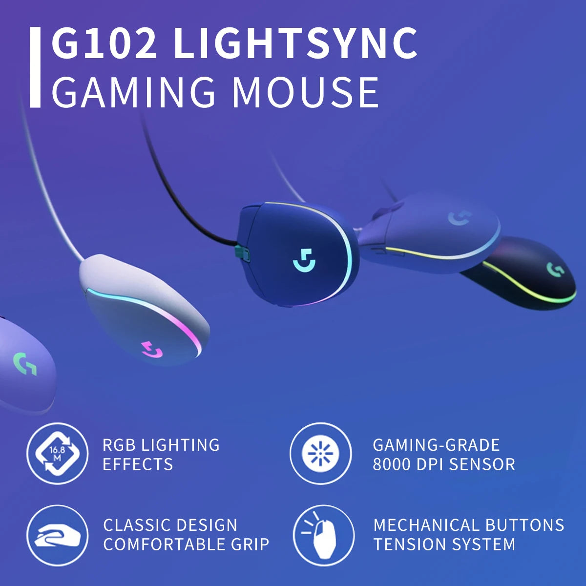 Logitech G102 Wired Gaming Mouse Ultra-Lightweight 85g 8000 DPI RGB Backlight For Laptop Desktop