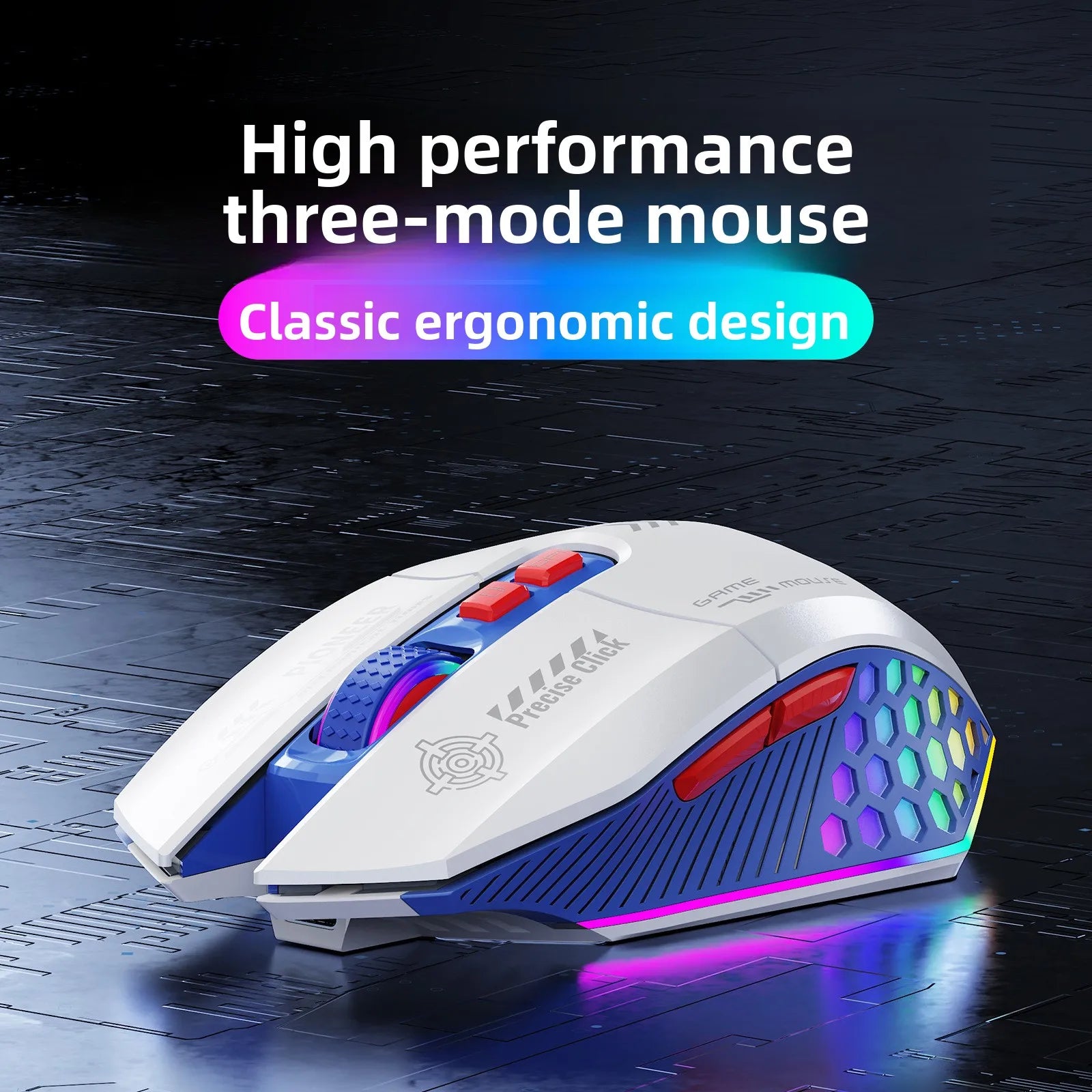Ergonomic rechargeable gaming mouse with USB 2.4G wireless RGB light, 3 modes controllable anti slip, 7-key macro programming