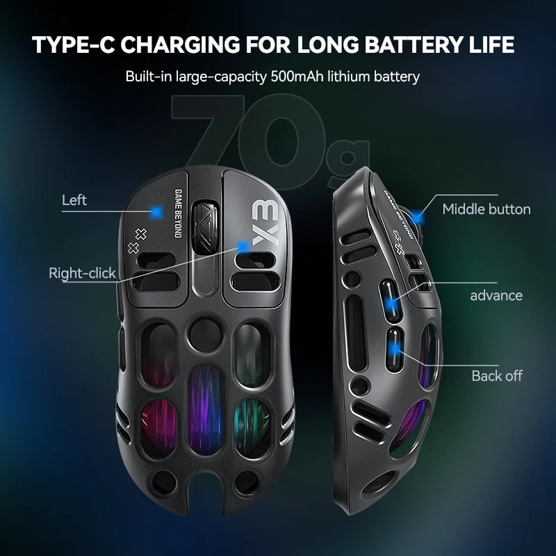 Lightweight RGB backlight 12000DPI Bluetooth/2.4G/wired three mode 1K game mouse Custom macro programming Hollow wireless mouse