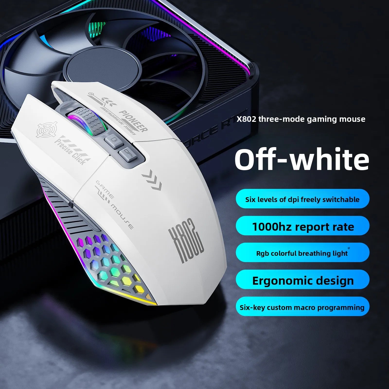 Ergonomic rechargeable gaming mouse with USB 2.4G wireless RGB light, 3 modes controllable anti slip, 7-key macro programming