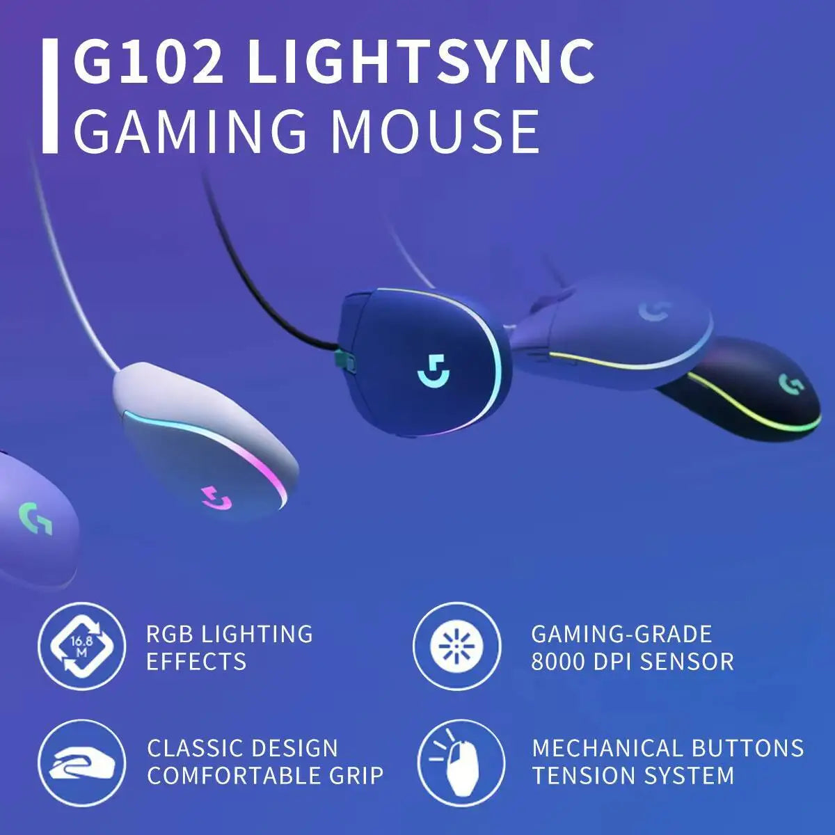 Logitech G102 Gaming Mouse Lightweight Build 16.8M RGB Colors 20M Clicks for Competitive Daily Fun