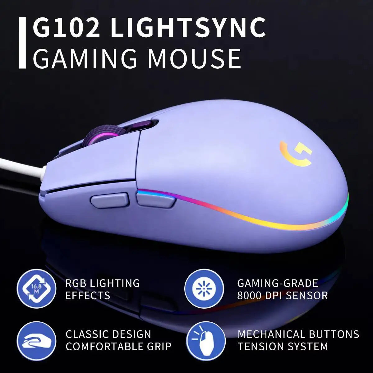 Logitech G102 Gaming Mouse Lightweight Build 16.8M RGB Colors 20M Clicks for Competitive Daily Fun