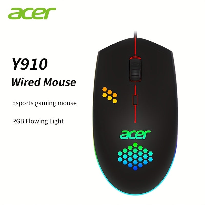 Acer Y910 Wired Gaming Mouse - RGB Flowing Light, 1600DPI Adjustable, Lightweight Design, Sensitive Tracking, Ergonomic Shape for FPS & Esports, Black, Gaming Mouse for Pc, Esports Equipment, Sleek Mouse Design, Durable Mouse