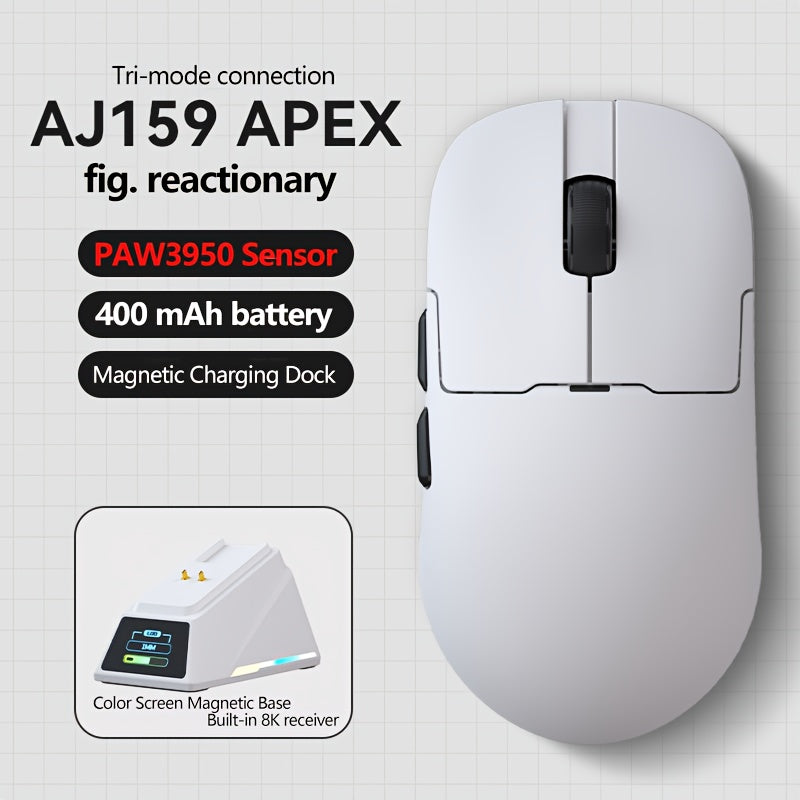 AJ159 APEX Mouse Wireless Gaming Mouse Original Phase PAW3950 Support BT/2, 4G Wireless/wired Connection 8K Return Rate With Wireless Charging Base, Magnetic Color Screen Digital Display Professional Gaming Mouse (2.4G Receiv
