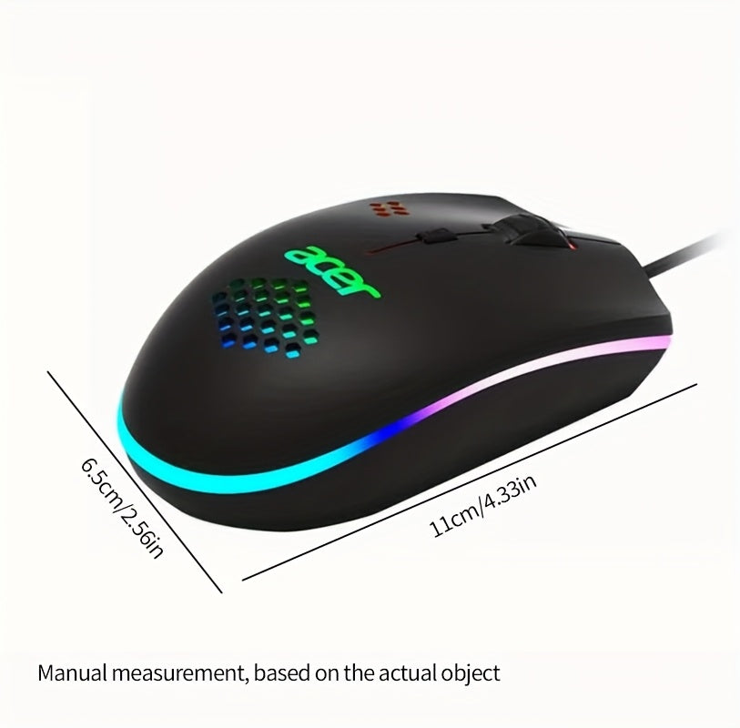 Acer Y910 Wired Gaming Mouse - RGB Flowing Light, 1600DPI Adjustable, Lightweight Design, Sensitive Tracking, Ergonomic Shape for FPS & Esports, Black, Gaming Mouse for Pc, Esports Equipment, Sleek Mouse Design, Durable Mouse