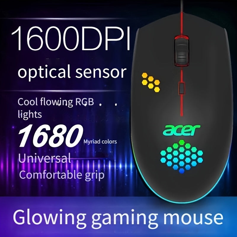 Acer Y910 Wired Gaming Mouse - RGB Flowing Light, 1600DPI Adjustable, Lightweight Design, Sensitive Tracking, Ergonomic Shape for FPS & Esports, Black, Gaming Mouse for Pc, Esports Equipment, Sleek Mouse Design, Durable Mouse