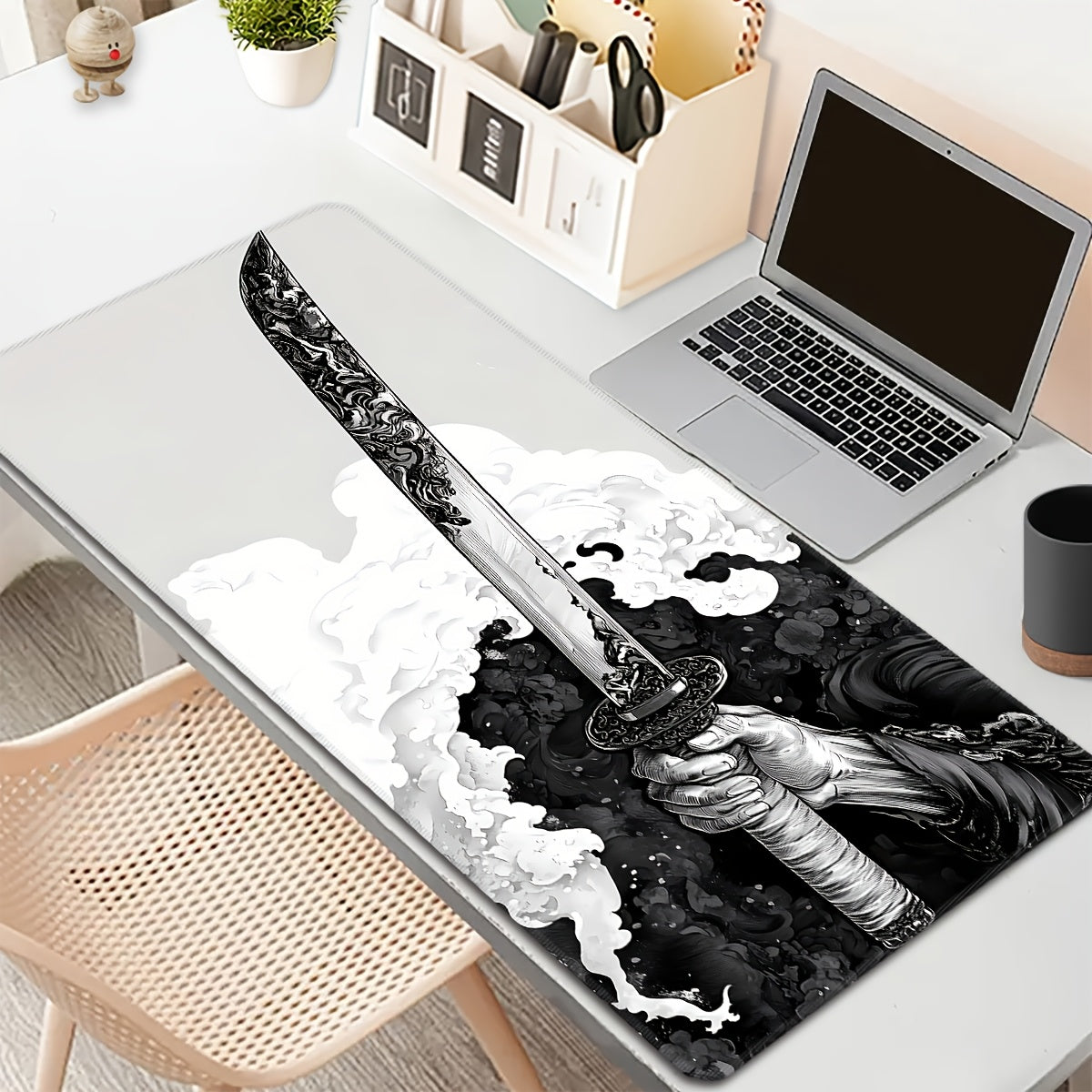 Extra Large Gaming Mouse Pad, Extended Desk Mat, Black and White Sword Design, with Non-Slip Rubber Base, Washable Oblong Office & Gaming Mousepad, with Precision Edging for eSports, Computer & Office Use