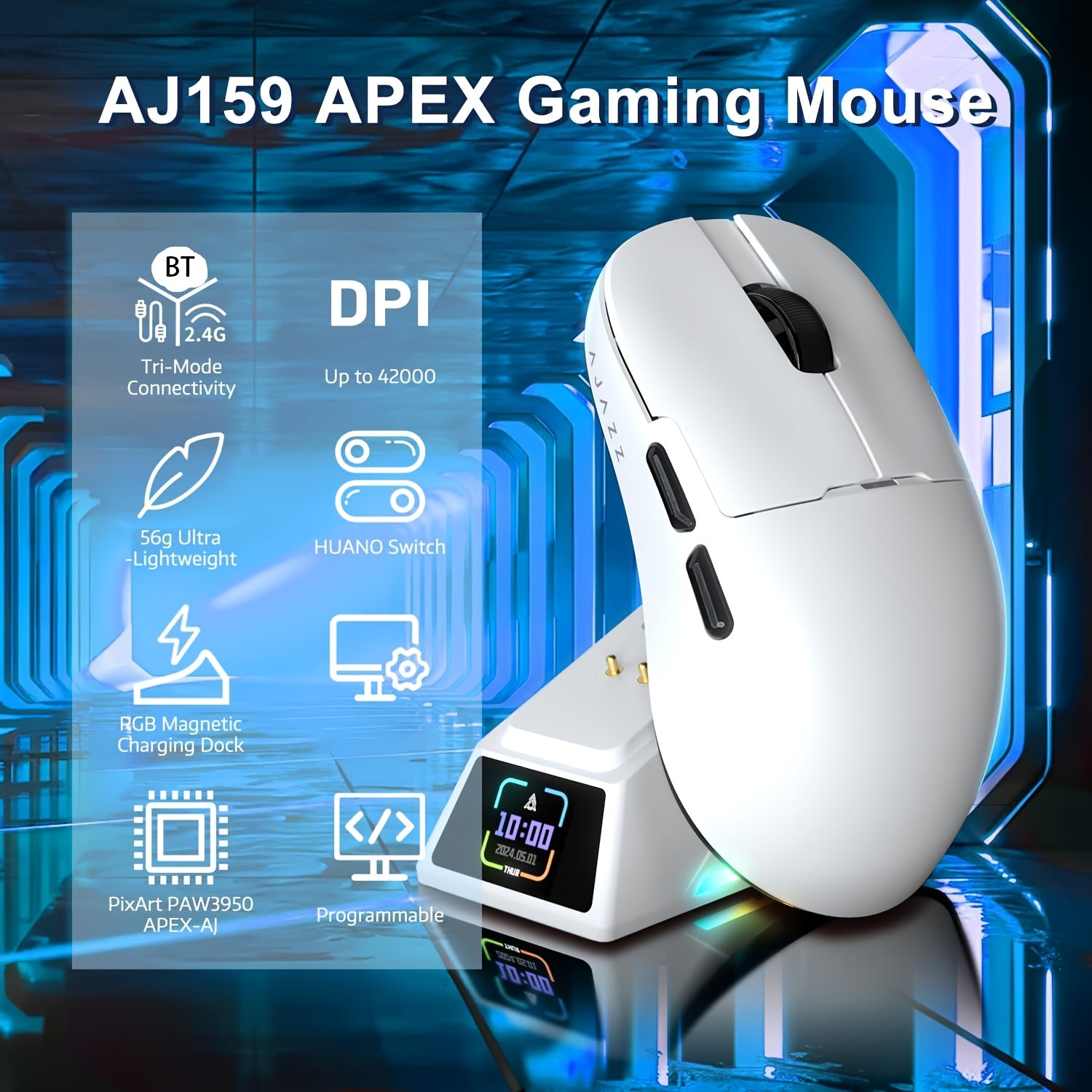 AJ159 APEX Mouse Wireless Gaming Mouse Original Phase PAW3950 Support BT/2, 4G Wireless/wired Connection 8K Return Rate With Wireless Charging Base, Magnetic Color Screen Digital Display Professional Gaming Mouse (2.4G Receiv