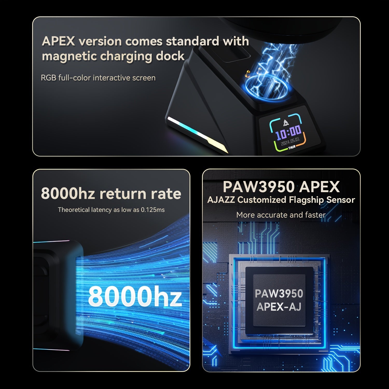 AJ179 Wireless Gaming Mouse Three Modes 8k E-sports Right-Handed Lightweight Color Screen Charging Dock PAW3395